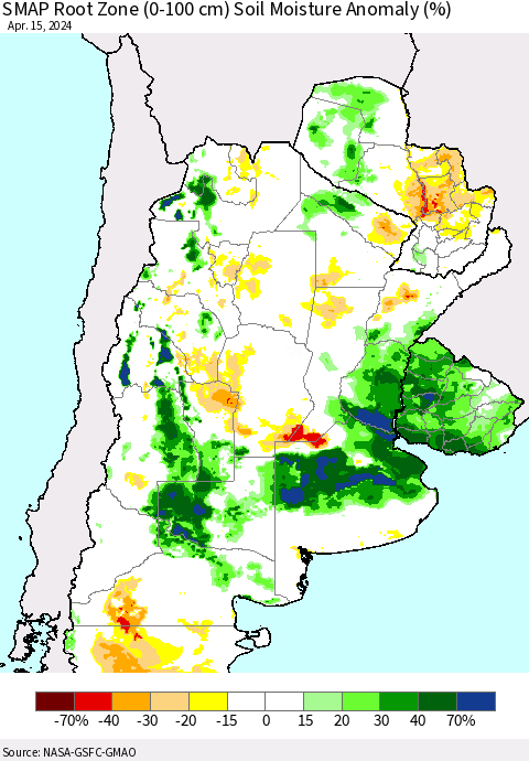 Southern South America SMAP Root Zone (0-100 cm) Soil Moisture Anomaly (%) Thematic Map For 4/11/2024 - 4/15/2024