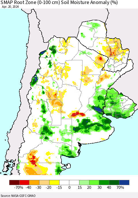 Southern South America SMAP Root Zone (0-100 cm) Soil Moisture Anomaly (%) Thematic Map For 4/16/2024 - 4/20/2024