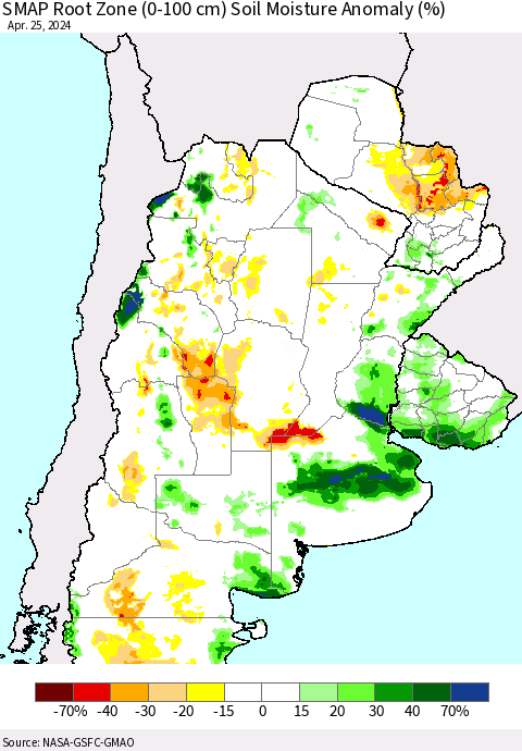 Southern South America SMAP Root Zone (0-100 cm) Soil Moisture Anomaly (%) Thematic Map For 4/21/2024 - 4/25/2024