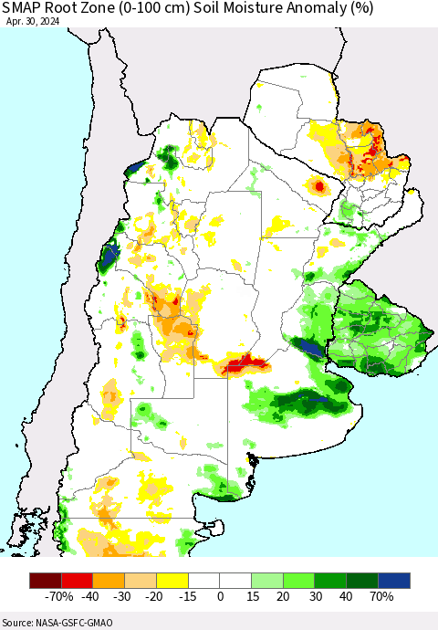 Southern South America SMAP Root Zone (0-100 cm) Soil Moisture Anomaly (%) Thematic Map For 4/26/2024 - 4/30/2024