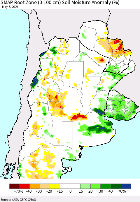 Southern South America SMAP Root Zone (0-100 cm) Soil Moisture Anomaly (%) Thematic Map For 5/1/2024 - 5/5/2024