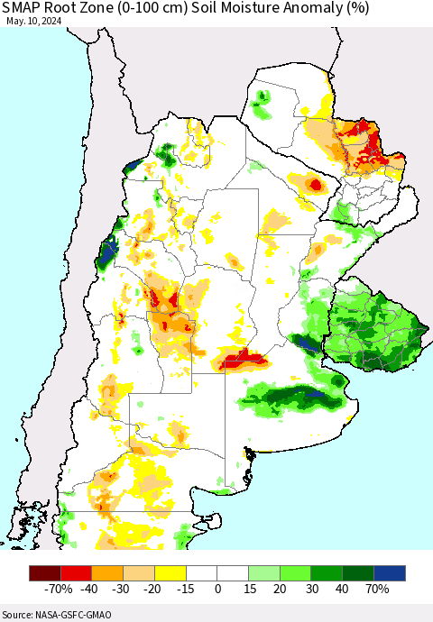 Southern South America SMAP Root Zone (0-100 cm) Soil Moisture Anomaly (%) Thematic Map For 5/6/2024 - 5/10/2024