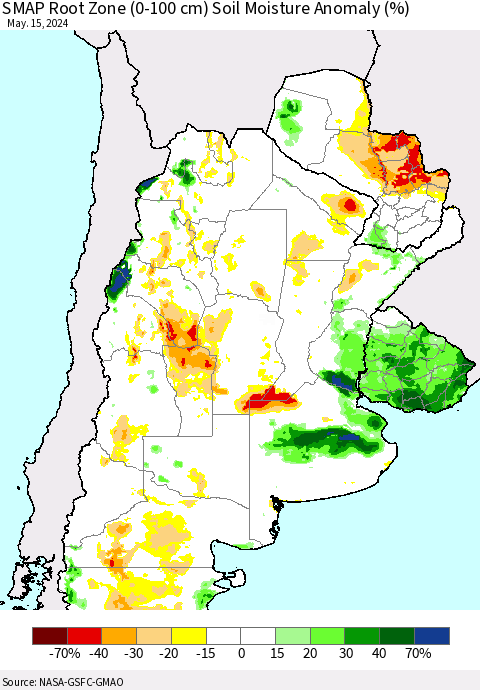 Southern South America SMAP Root Zone (0-100 cm) Soil Moisture Anomaly (%) Thematic Map For 5/11/2024 - 5/15/2024