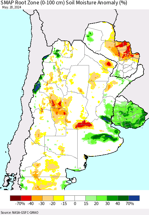 Southern South America SMAP Root Zone (0-100 cm) Soil Moisture Anomaly (%) Thematic Map For 5/16/2024 - 5/20/2024