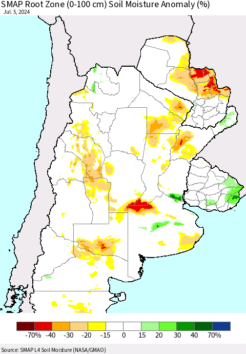Southern South America SMAP Root Zone (0-100 cm) Soil Moisture Anomaly (%) Thematic Map For 7/1/2024 - 7/5/2024