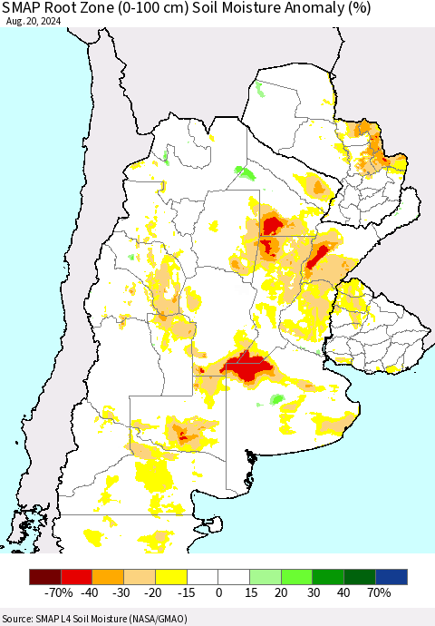 Southern South America SMAP Root Zone (0-100 cm) Soil Moisture Anomaly (%) Thematic Map For 8/16/2024 - 8/20/2024