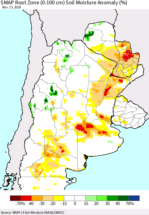 Southern South America SMAP Root Zone (0-100 cm) Soil Moisture Anomaly (%) Thematic Map For 11/11/2024 - 11/15/2024