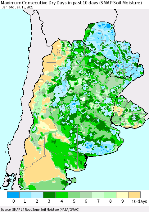 Southern South America Maximum Consecutive Dry Days in past 10 days (SMAP Soil Moisture) Thematic Map For 1/11/2023 - 1/15/2023