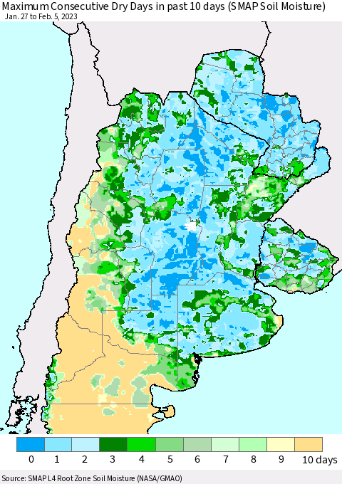 Southern South America Maximum Consecutive Dry Days in past 10 days (SMAP Soil Moisture) Thematic Map For 2/1/2023 - 2/5/2023
