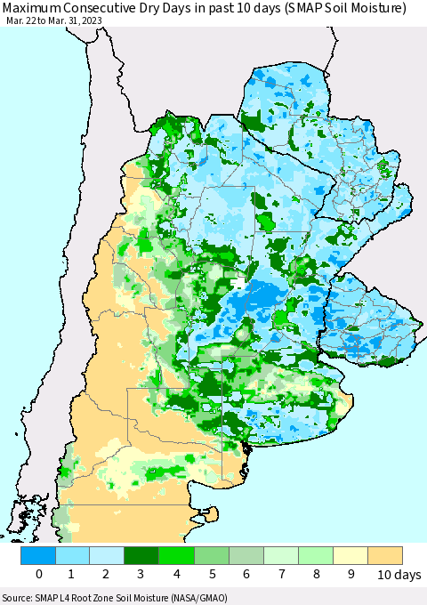 Southern South America Maximum Consecutive Dry Days in past 10 days (SMAP Soil Moisture) Thematic Map For 3/26/2023 - 3/31/2023
