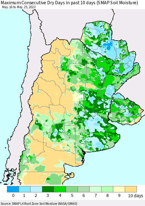 Southern South America Maximum Consecutive Dry Days in past 10 days (SMAP Soil Moisture) Thematic Map For 5/21/2023 - 5/25/2023