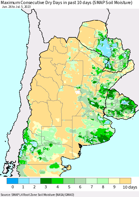 Southern South America Maximum Consecutive Dry Days in past 10 days (SMAP Soil Moisture) Thematic Map For 7/1/2023 - 7/5/2023