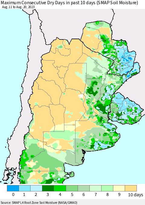 Southern South America Maximum Consecutive Dry Days in past 10 days (SMAP Soil Moisture) Thematic Map For 8/16/2023 - 8/20/2023