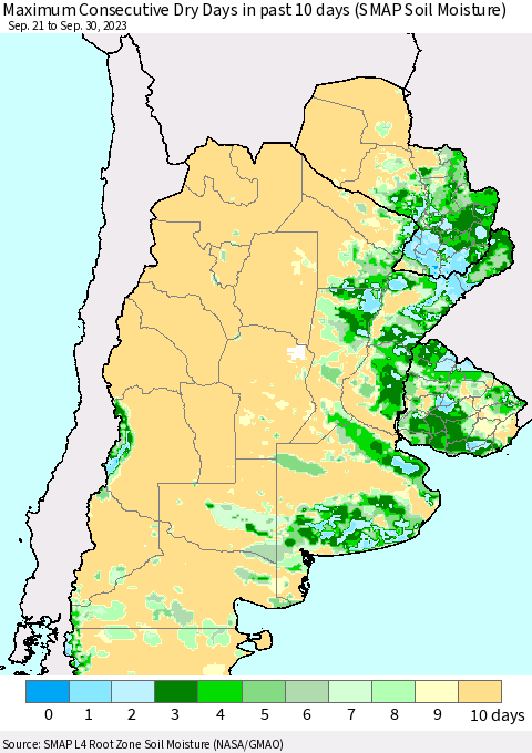 Southern South America Maximum Consecutive Dry Days in past 10 days (SMAP Soil Moisture) Thematic Map For 9/26/2023 - 9/30/2023