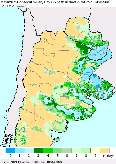 Southern South America Maximum Consecutive Dry Days in past 10 days (SMAP Soil Moisture) Thematic Map For 10/6/2023 - 10/10/2023