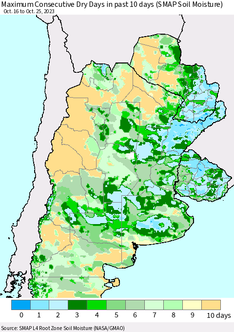 Southern South America Maximum Consecutive Dry Days in past 10 days (SMAP Soil Moisture) Thematic Map For 10/21/2023 - 10/25/2023