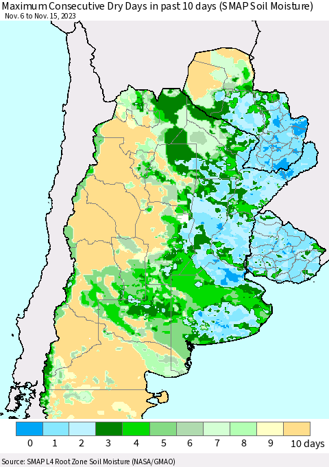 Southern South America Maximum Consecutive Dry Days in past 10 days (SMAP Soil Moisture) Thematic Map For 11/11/2023 - 11/15/2023