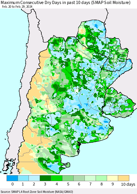 Southern South America Maximum Consecutive Dry Days in past 10 days (SMAP Soil Moisture) Thematic Map For 2/26/2024 - 2/29/2024