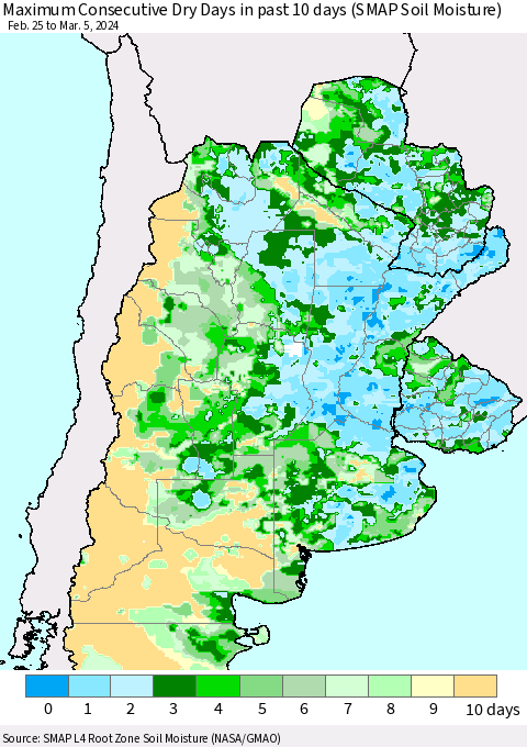 Southern South America Maximum Consecutive Dry Days in past 10 days (SMAP Soil Moisture) Thematic Map For 3/1/2024 - 3/5/2024