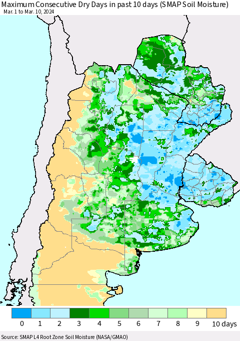 Southern South America Maximum Consecutive Dry Days in past 10 days (SMAP Soil Moisture) Thematic Map For 3/6/2024 - 3/10/2024