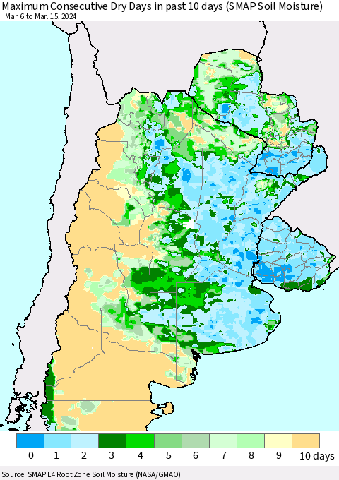 Southern South America Maximum Consecutive Dry Days in past 10 days (SMAP Soil Moisture) Thematic Map For 3/11/2024 - 3/15/2024
