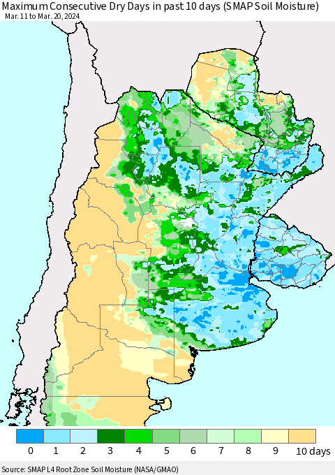Southern South America Maximum Consecutive Dry Days in past 10 days (SMAP Soil Moisture) Thematic Map For 3/16/2024 - 3/20/2024