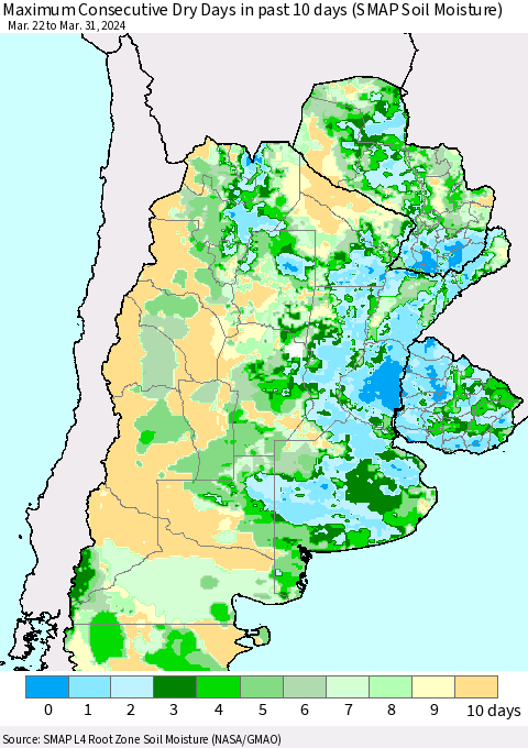 Southern South America Maximum Consecutive Dry Days in past 10 days (SMAP Soil Moisture) Thematic Map For 3/26/2024 - 3/31/2024