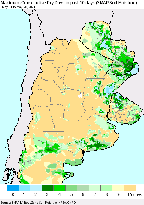 Southern South America Maximum Consecutive Dry Days in past 10 days (SMAP Soil Moisture) Thematic Map For 5/16/2024 - 5/20/2024