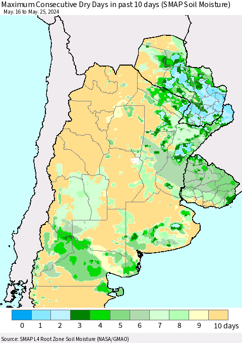 Southern South America Maximum Consecutive Dry Days in past 10 days (SMAP Soil Moisture) Thematic Map For 5/21/2024 - 5/25/2024