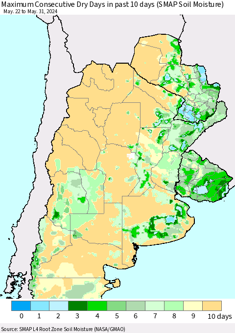 Southern South America Maximum Consecutive Dry Days in past 10 days (SMAP Soil Moisture) Thematic Map For 5/26/2024 - 5/31/2024