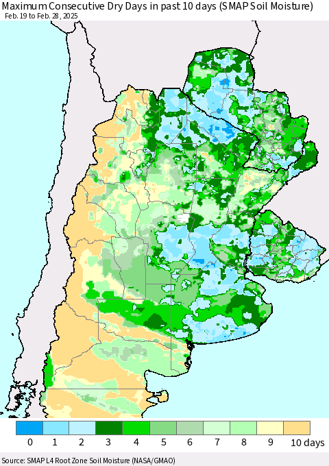 Southern South America Maximum Consecutive Dry Days in past 10 days (SMAP Soil Moisture) Thematic Map For 2/26/2025 - 2/28/2025