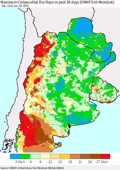 Southern South America Maximum Consecutive Dry Days in past 30 days (SMAP Soil Moisture) Thematic Map For 1/16/2023 - 1/20/2023