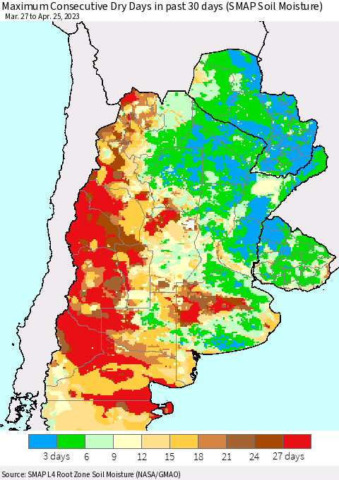 Southern South America Maximum Consecutive Dry Days in past 30 days (SMAP Soil Moisture) Thematic Map For 4/21/2023 - 4/25/2023