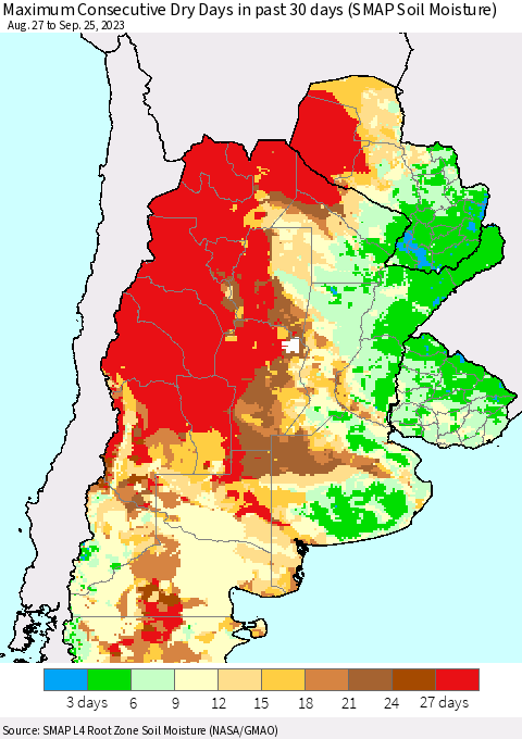 Southern South America Maximum Consecutive Dry Days in past 30 days (SMAP Soil Moisture) Thematic Map For 9/21/2023 - 9/25/2023