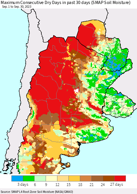 Southern South America Maximum Consecutive Dry Days in past 30 days (SMAP Soil Moisture) Thematic Map For 9/26/2023 - 9/30/2023