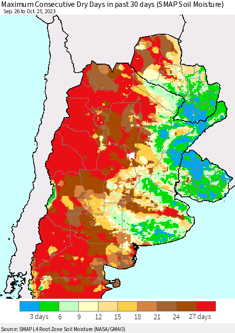 Southern South America Maximum Consecutive Dry Days in past 30 days (SMAP Soil Moisture) Thematic Map For 10/21/2023 - 10/25/2023