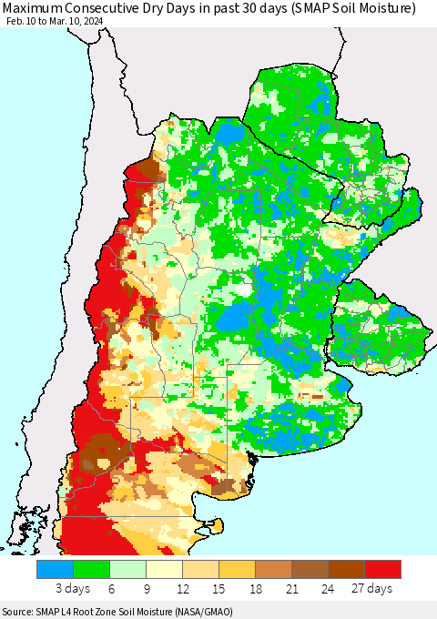 Southern South America Maximum Consecutive Dry Days in past 30 days (SMAP Soil Moisture) Thematic Map For 3/6/2024 - 3/10/2024