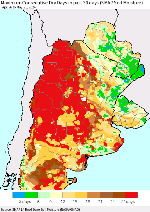 Southern South America Maximum Consecutive Dry Days in past 30 days (SMAP Soil Moisture) Thematic Map For 5/21/2024 - 5/25/2024