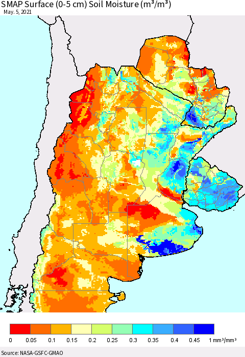 Southern South America SMAP Surface (0-5 cm) Soil Moisture (m³/m³) Thematic Map For 5/1/2021 - 5/5/2021