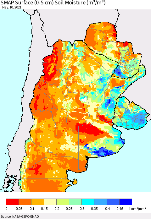 Southern South America SMAP Surface (0-5 cm) Soil Moisture (m³/m³) Thematic Map For 5/6/2021 - 5/10/2021