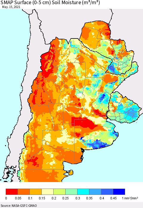 Southern South America SMAP Surface (0-5 cm) Soil Moisture (m³/m³) Thematic Map For 5/11/2021 - 5/15/2021