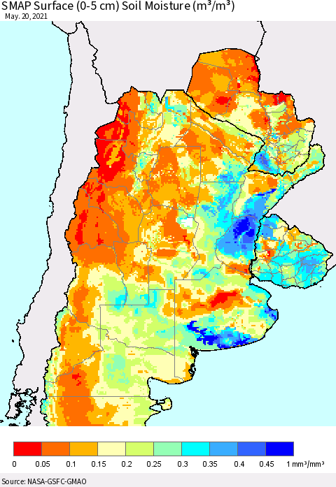 Southern South America SMAP Surface (0-5 cm) Soil Moisture (m³/m³) Thematic Map For 5/16/2021 - 5/20/2021
