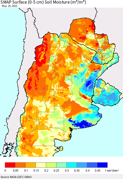 Southern South America SMAP Surface (0-5 cm) Soil Moisture (m³/m³) Thematic Map For 5/21/2021 - 5/25/2021