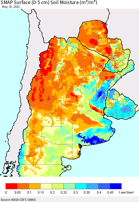 Southern South America SMAP Surface (0-5 cm) Soil Moisture (m³/m³) Thematic Map For 5/26/2021 - 5/31/2021