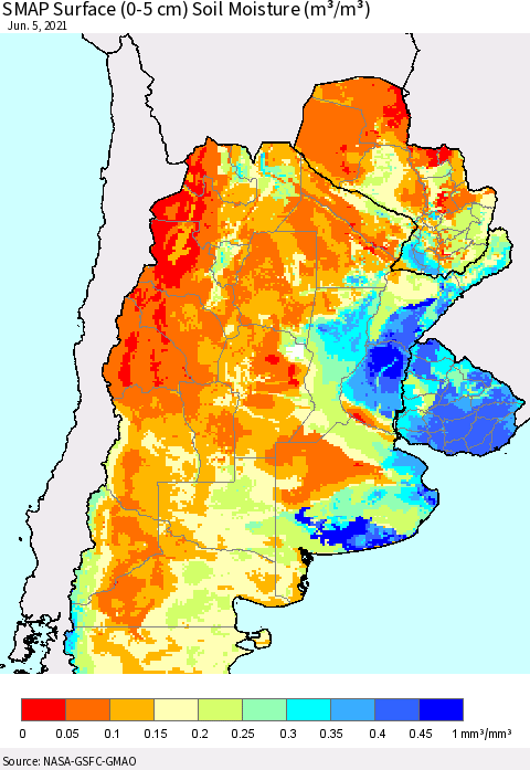 Southern South America SMAP Surface (0-5 cm) Soil Moisture (m³/m³) Thematic Map For 6/1/2021 - 6/5/2021