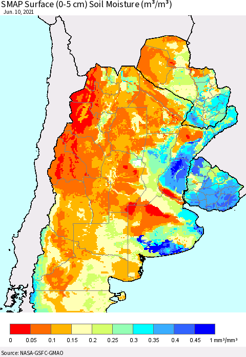 Southern South America SMAP Surface (0-5 cm) Soil Moisture (m³/m³) Thematic Map For 6/6/2021 - 6/10/2021