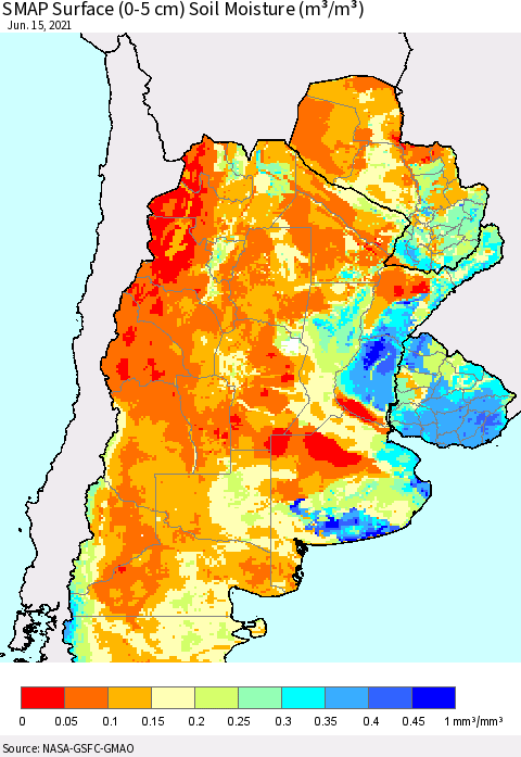 Southern South America SMAP Surface (0-5 cm) Soil Moisture (m³/m³) Thematic Map For 6/11/2021 - 6/15/2021