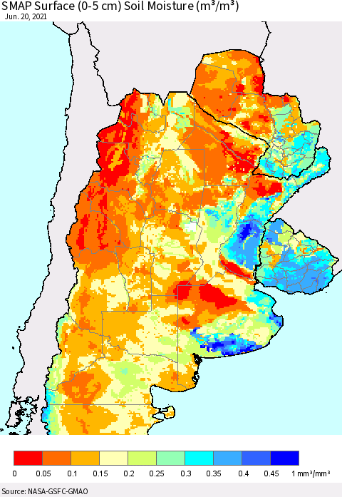 Southern South America SMAP Surface (0-5 cm) Soil Moisture (m³/m³) Thematic Map For 6/16/2021 - 6/20/2021