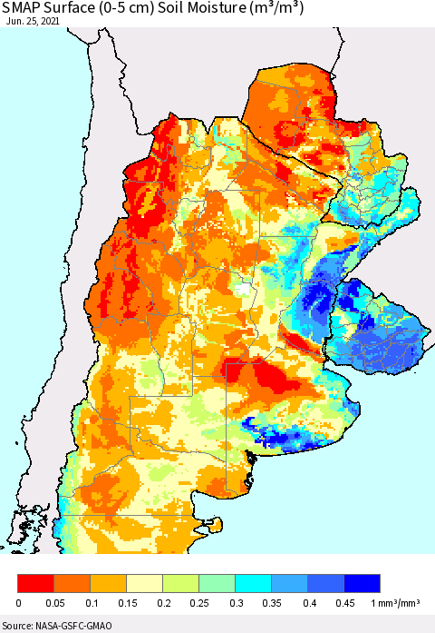 Southern South America SMAP Surface (0-5 cm) Soil Moisture (m³/m³) Thematic Map For 6/21/2021 - 6/25/2021