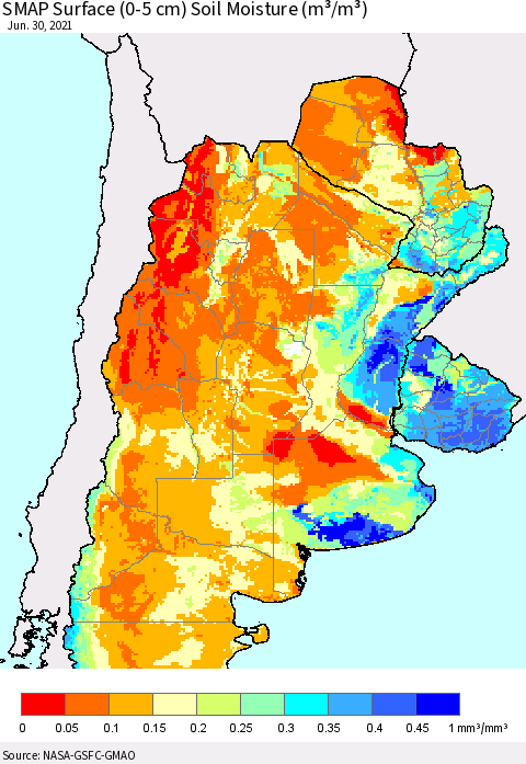Southern South America SMAP Surface (0-5 cm) Soil Moisture (m³/m³) Thematic Map For 6/26/2021 - 6/30/2021